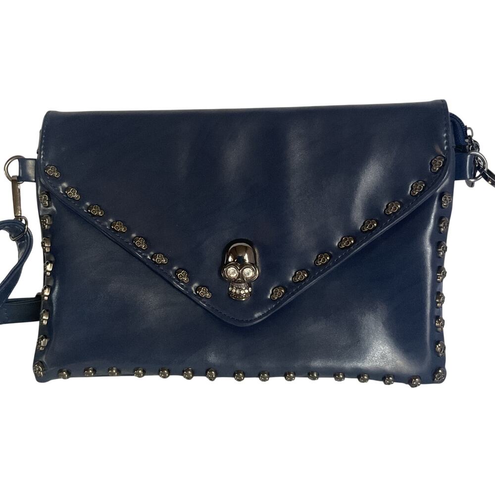Y2K Gothic Skull Stud Blue Envelope Crossbody Clutch Bag Punk Emo